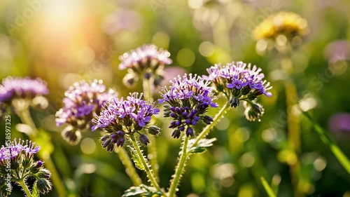 Vibrant macro close up shot capturing tiny purple and yellow meadow wildflowers moving subtly under the natural sunlight conceptual, outdoor, daytime