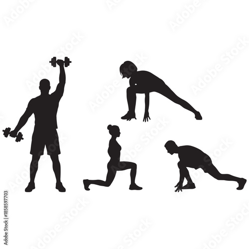 Fitness and Gym Silhouette Set: Men and Women Exercising, Lifting Weights, Stretching, and Sprinting Vector Illustration