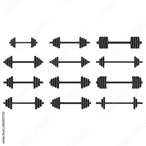 Gym Weights Icon Set: Dumbbells and Barbells Vector Collection for Fitness and Bodybuilding