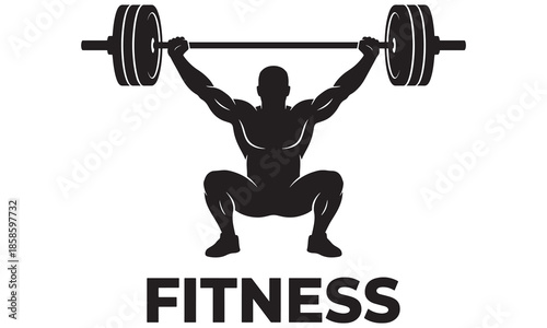Fitness Gym Logo Design: Weightlifter Performing Overhead Squat Silhouette Vector Emblem