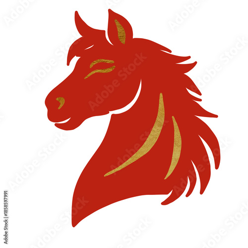 Red and gold stylized horse head illustration with flowing mane and calm expression, isolated PNG for Chinese zodiac
