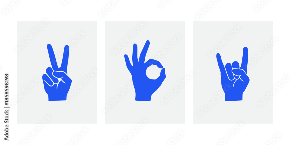 Obraz premium Blue Hand Signs Silhouette Set with Peace Okay and Rock Gesture