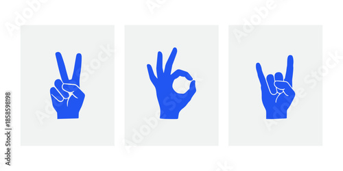 Blue Hand Signs Silhouette Set with Peace Okay and Rock Gesture