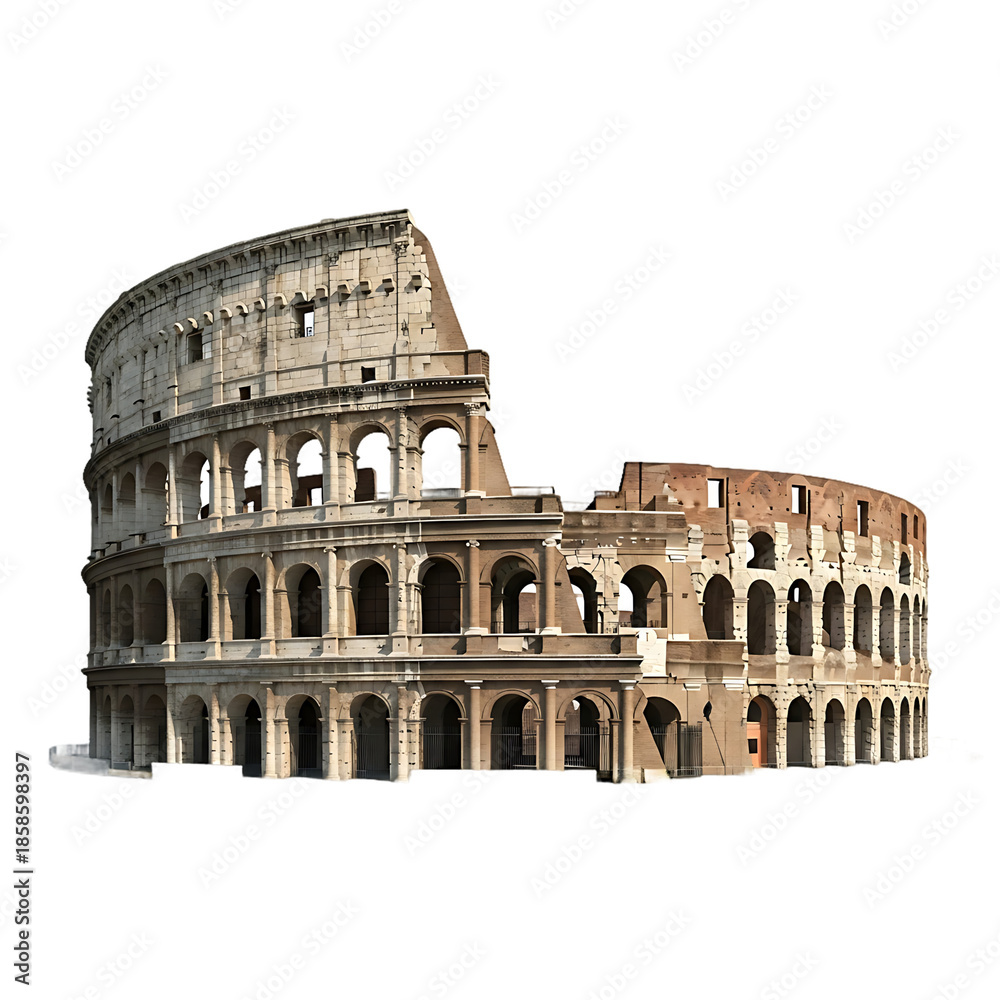 Obraz premium The ancient Roman Colosseum, a grand amphitheater, stands as a historical ruin on a pristine white background.