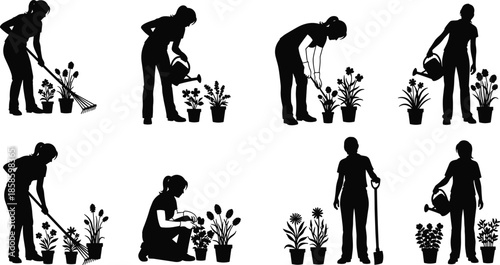Silhouette vector set of people gardening with tools, watering plants, pruning, digging, raking, squatting, bending, inspecting potted greenery