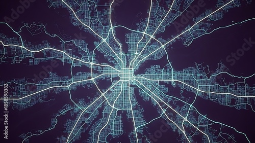 Abstract Digital City Map with Glowing Road Networks Illustrating Urban Connectivity, Data Visualization, and Modern Infrastructure Technology