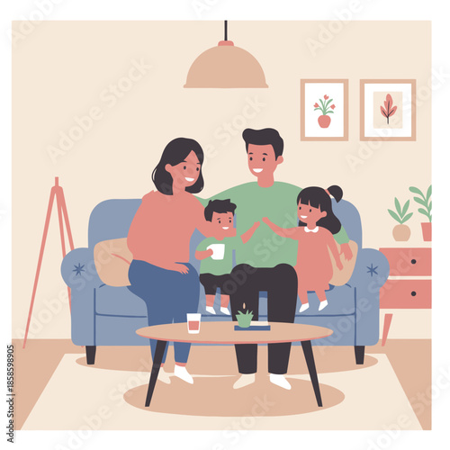 A happy family of four, including parents and two children, relaxing together on a sofa in their cozy living room at home.