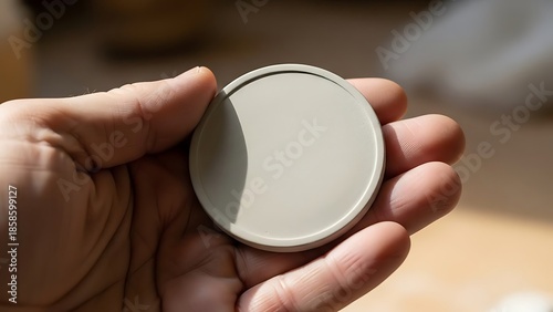 Minimalist Presentation Hand Holding Gray Circular Object in Sunlight