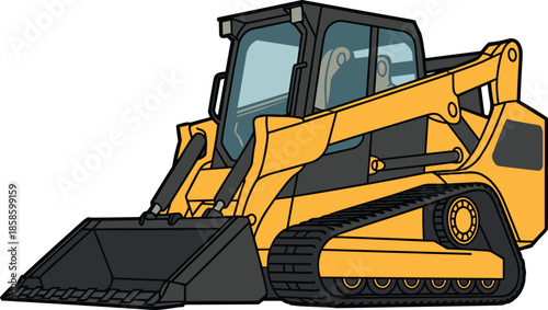 Yellow compact track loader illustration, modern construction skid steer vehicle with bucket, heavy machinery for building, industry and earthmoving