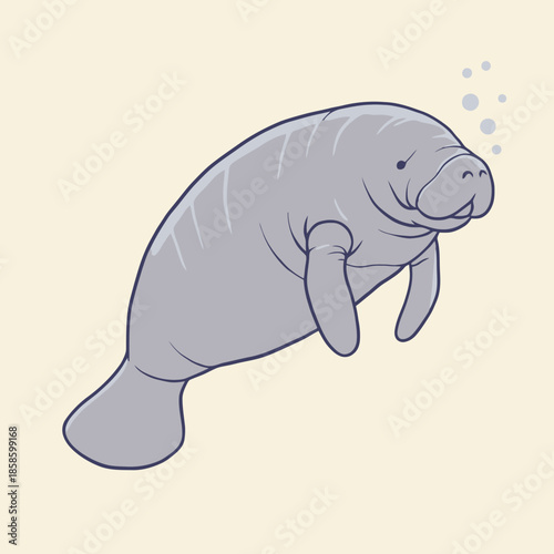 A cute cartoon manatee swimming underwater with small bubbles, depicted in a simple, friendly illustration style.