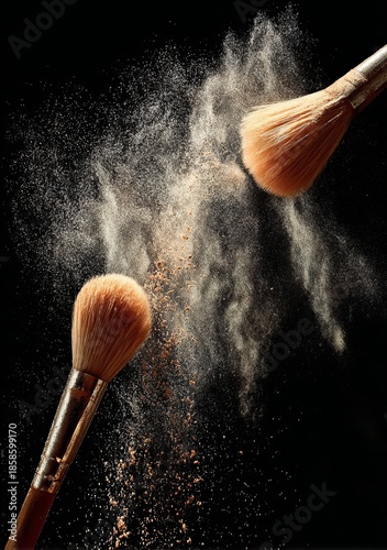 Makeup brushes with powder explosion on black background