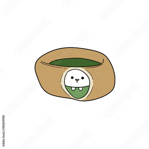 A cute cartoon white bunny peeking out from a green beanbag chair.