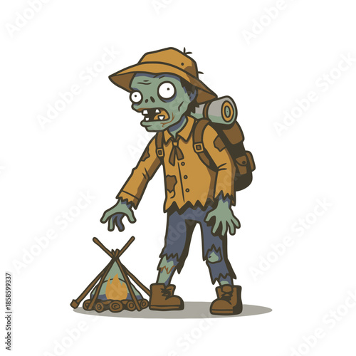Cartoon zombie hiker with backpack and hat standing next to a small campfire.