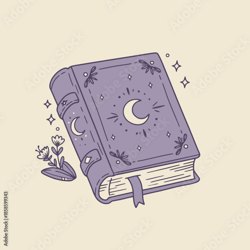 A magical purple spellbook with a crescent moon and stars on its cover, surrounded by sparkling elements and delicate flowers, in a whimsical illustration style.