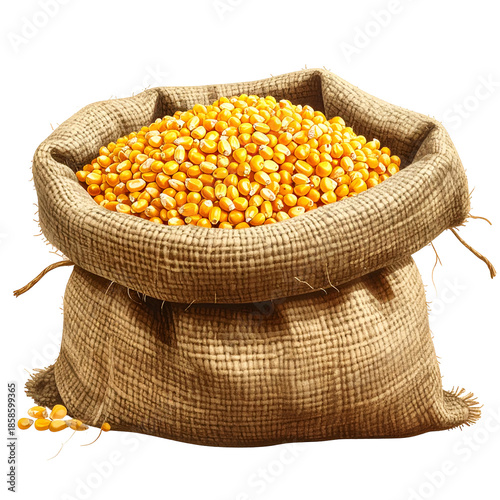 A full burlap sack overflowing with bright yellow corn kernels, spilling a few to the side