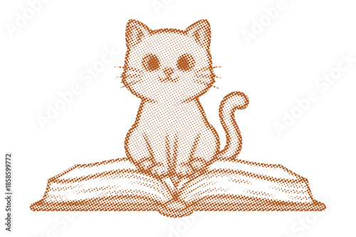 Halftone cute cat illustration of a happy kitten taking a break on an open storybook Vector