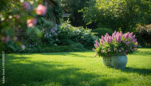 Ceramic pots with blooming tropical plants placed outdoors, suitable for landscape design