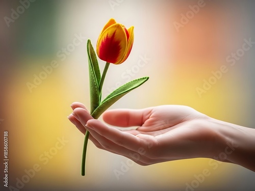Offering of a blossoming tulip, presented in hand, representing giving