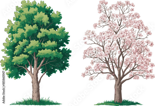 Vector illustration of green summer tree and pink spring blossom tree side by side for seasonal nature and landscape design themes.