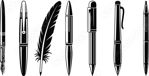 Vector illustration of vintage and modern pens, including quill, fountain, ballpoint, and stylus, ideal for writing tool design themes.