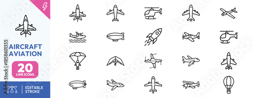Aircraft Aviation Line Icons Set
