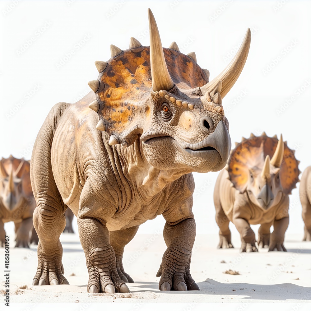 Fototapeta premium Triceratops herd roaming on a bright, expansive terrain, set against a clean white backdrop