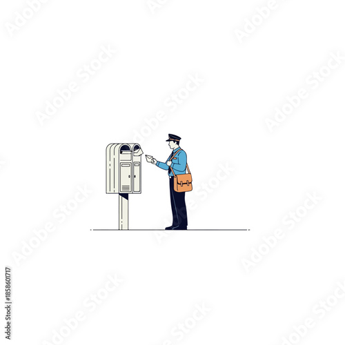 Man in blue shirt mailing a letter at a mailbox.