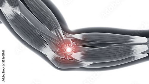 Anatomical illustration of a human elbow with highlighted pain area