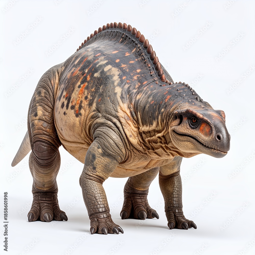 Fototapeta premium Ornithopod dinosaur standing on a white background with natural coloration and patterns