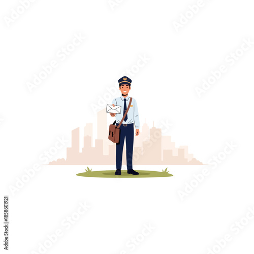 Cartoon Police Officer Standing With Shoulder Bag.