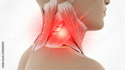A person experiencing neck pain with a red highlighted area on their neck muscles