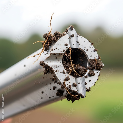 Soil sampling tool covered with dirt and roots for scientific investigation