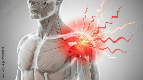 Anatomical illustration of a human torso with highlighted pain area on the chest