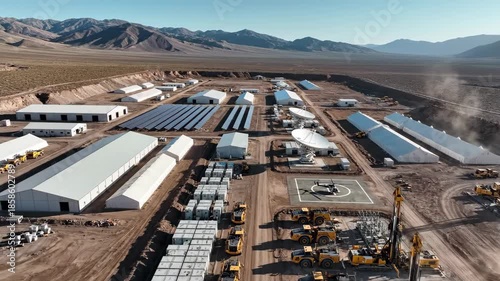 Mining Exploration Camp with Heavy Machinery and Modular Buildings, Desert Landscape with Mountains in the Background, Active Construction Site with Mining Trucks and Excavators