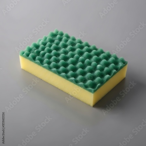 Textured cleaning sponge resting on a plain surface, close-up view