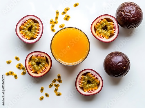 Vibrant passion fruit juice with halved fruits, freshness in a glass