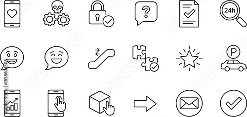 Professional Vector Set of Outline Icons for Digital Communication User Feedback Social Emoji Security Verification Wayfinding Navigation and Mobile Interface Design
