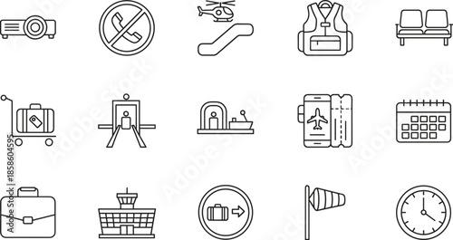 Professional Outline Vector Icon Set for Airport Services Aviation Logistics Flight Booking Travel Security Baggage Handling and Passenger Transportation Interface Design Elements