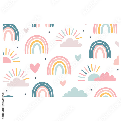 Cute scandinavian childish seamless pattern with trendy hand drawn rainbows