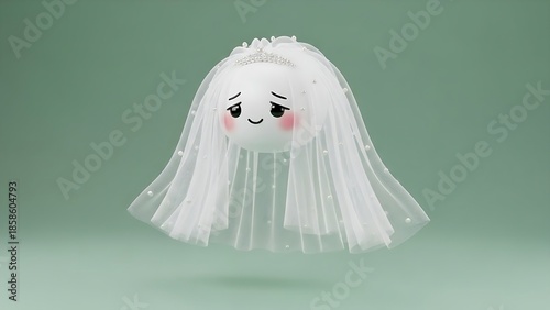 Cute white character wearing a bridal veil on a pastel green background.