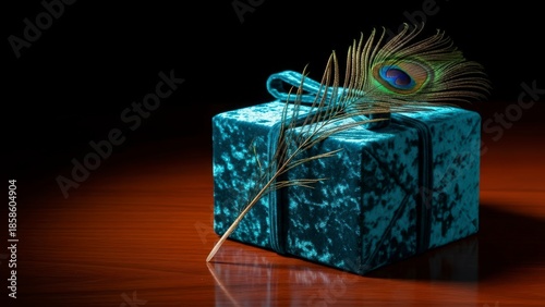 Elegant Gift Box with Peacock Feather on Dark Background.