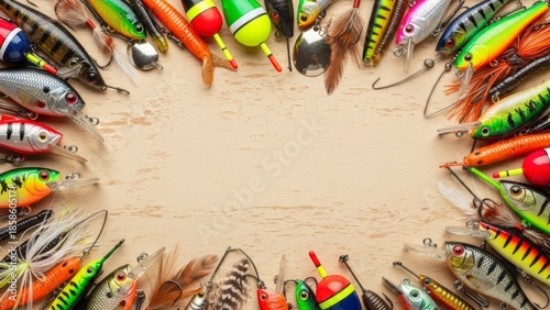 Colorful Fishing Lures and Bobbers Arranged in a Frame on a Wooden Background.