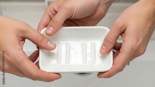 Person holding a clean white soap dish for bathroom hygiene maintenance