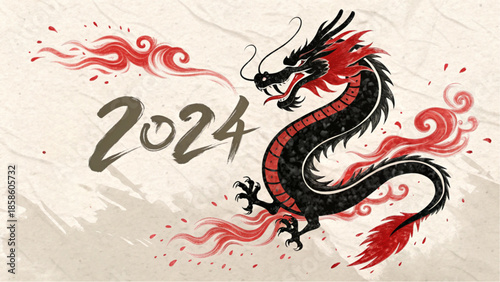 Traditional ink wash brushstrokes create a spirited mythical creature for the lunar 2024 new year.