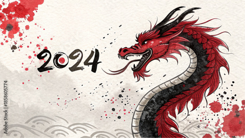 Vibrant ink wash illustration of a legendary dragon welcoming the lunar new year 2024.