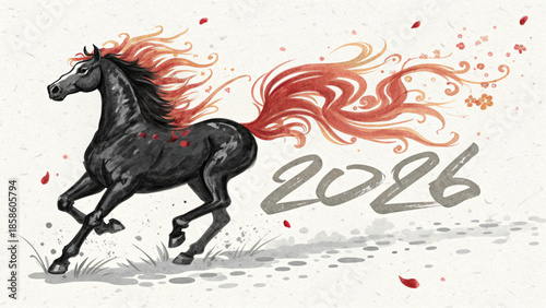 Celebrate 2026 with this artistic depiction of a powerful horse with flowing red energy.