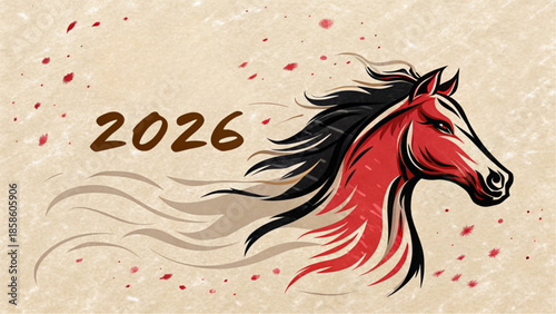 A stylized profile of a red and black horse celebrates the year 2026.