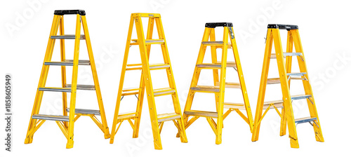 Multiple yellow A-frame step ladders of varying heights