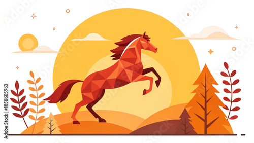 Modern geometric illustration of a rearing horse against a vibrant golden sun.