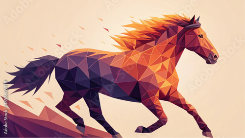 A low-poly masterpiece blends warm purples and oranges in full gallop.